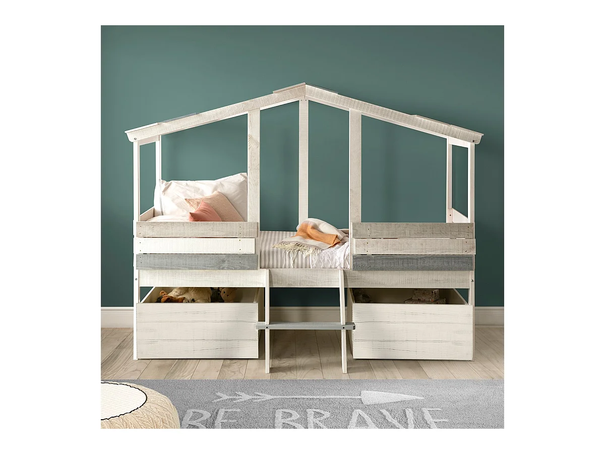 Lit cabane enfant rustique 90x190 cm en bois blanchi/gris - Martin