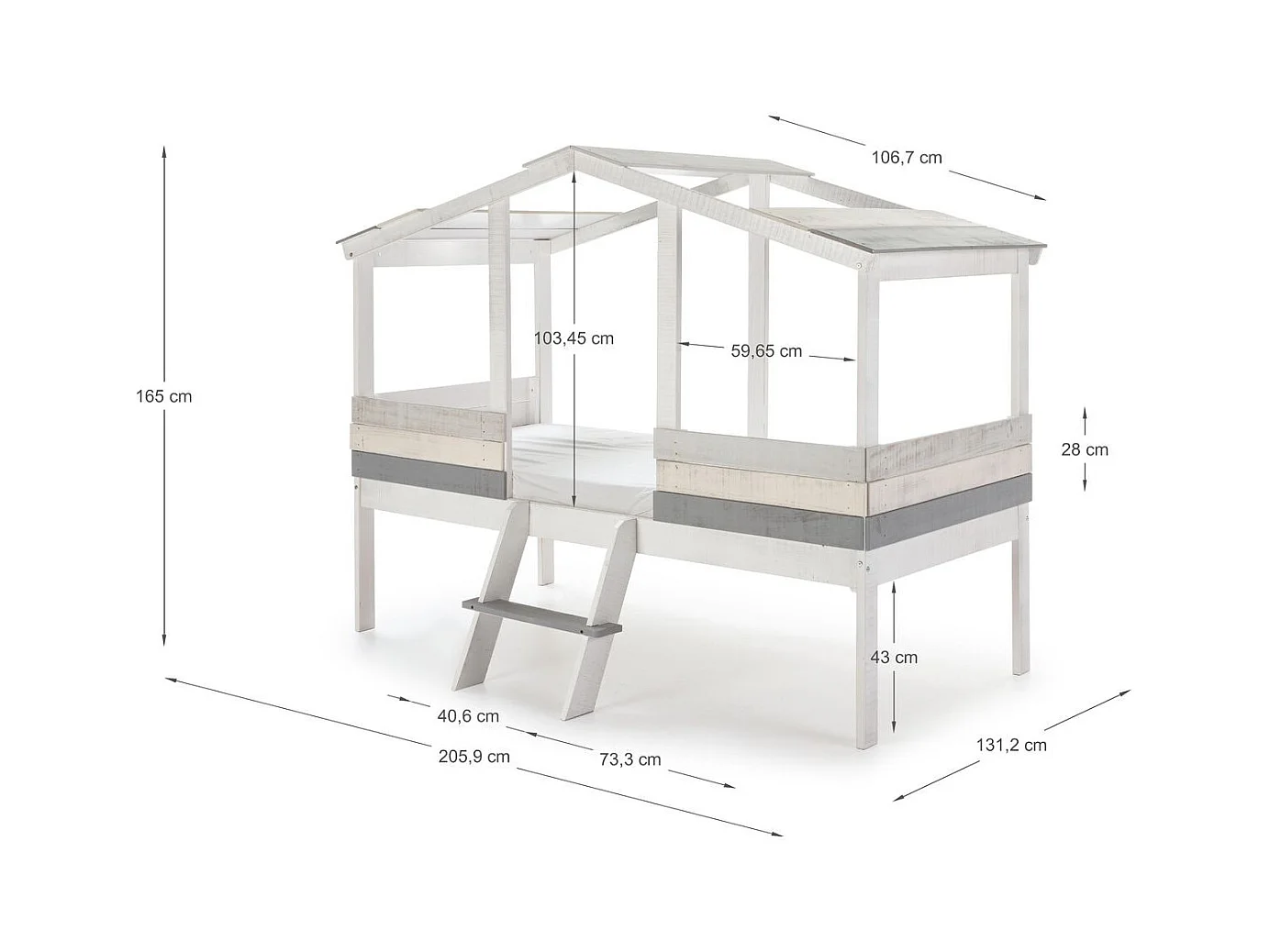 Lit cabane enfant rustique 90x190 cm en bois blanchi/gris - Martin