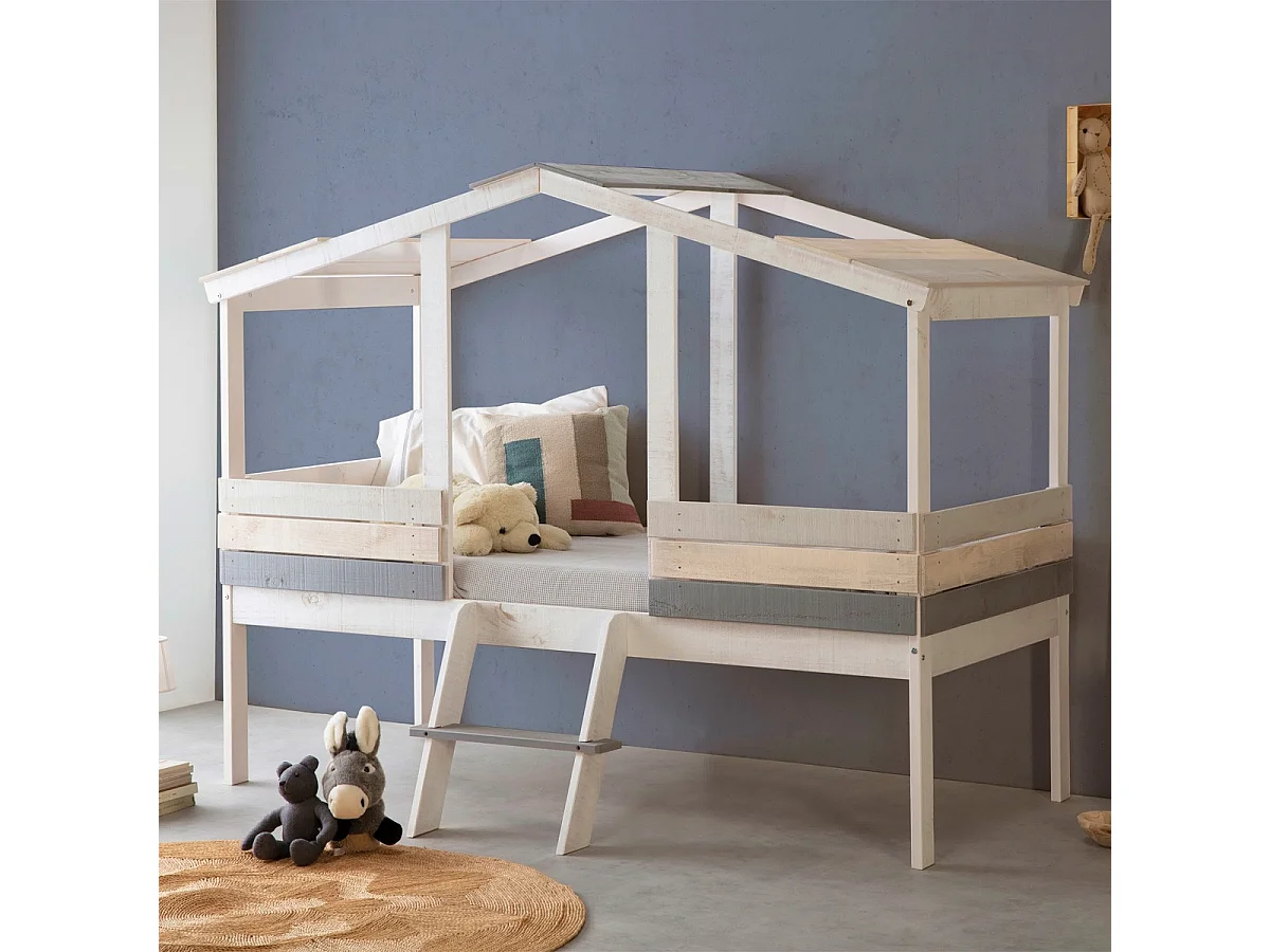 Lit cabane enfant rustique 90x190 cm en bois blanchi/gris - Martin