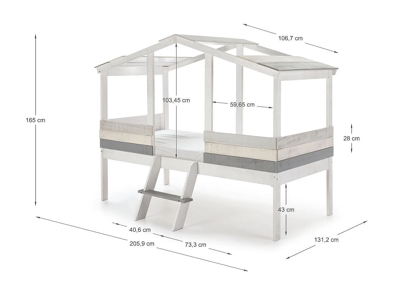 Lit cabane enfant rustique 90x190 cm en bois blanchi/gris - Martin