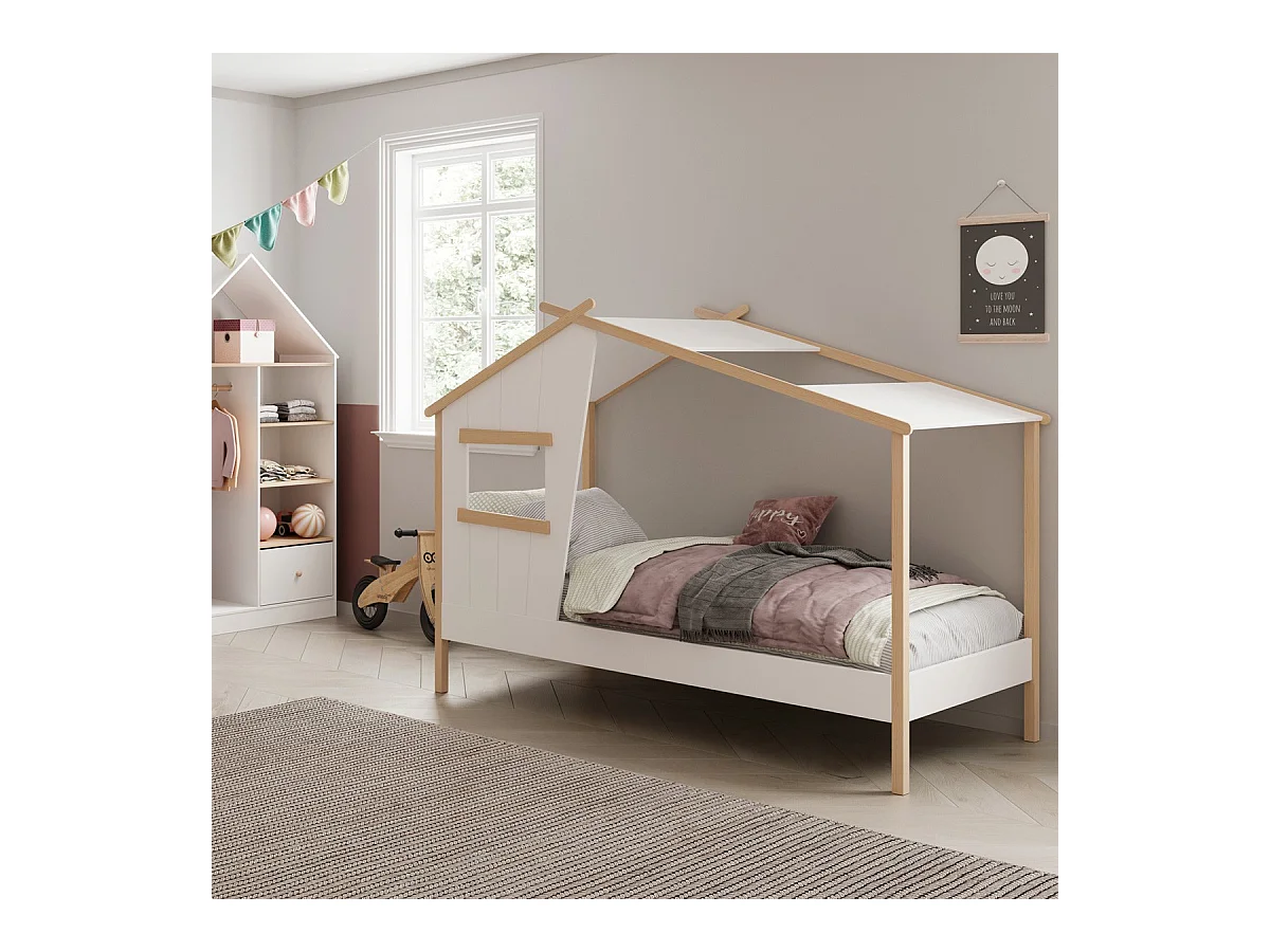 Lit cabane enfant 90x190 cm en bois blanc - Artus