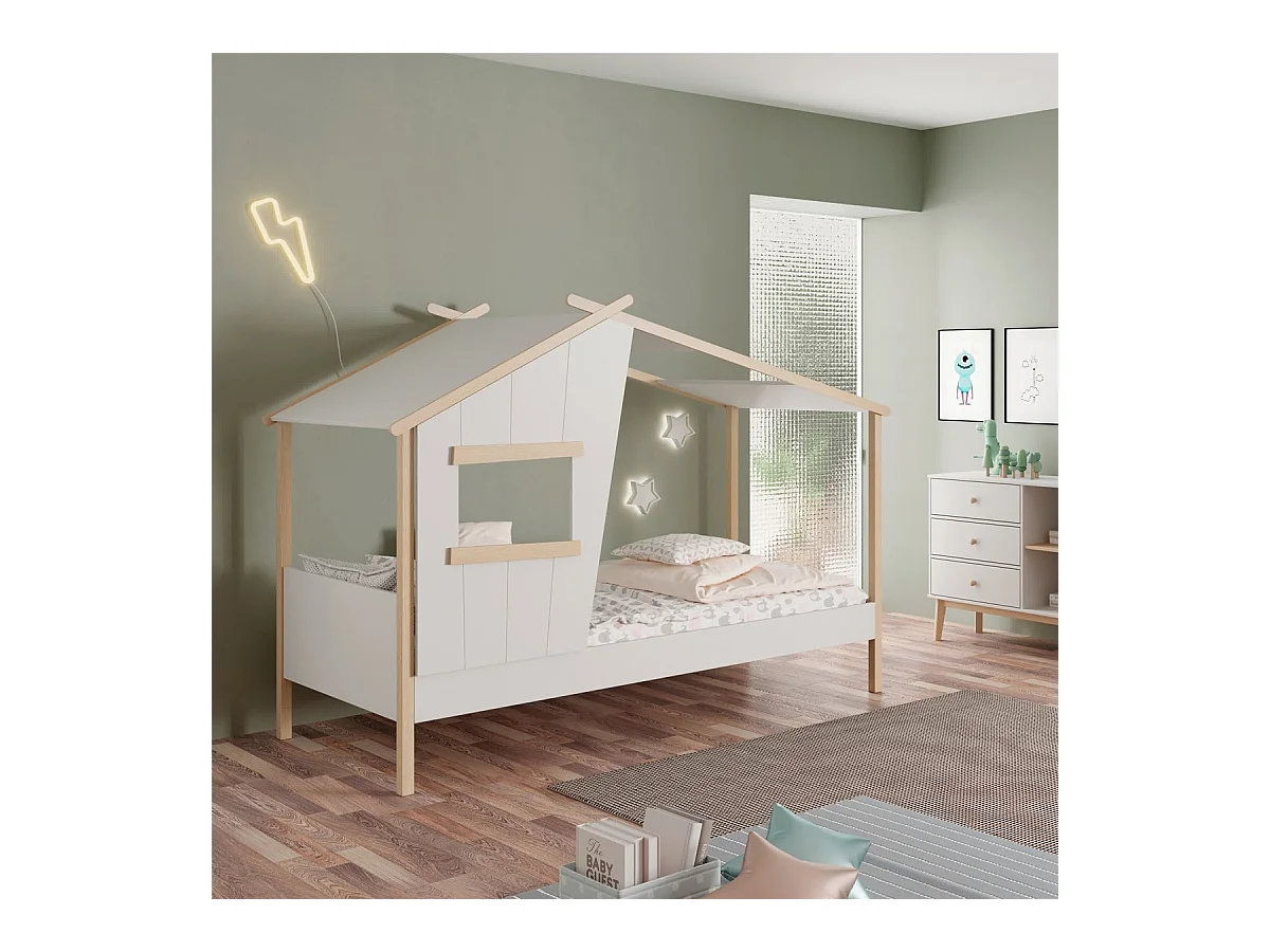 Lit cabane enfant 90x190 cm en bois blanc - Artus