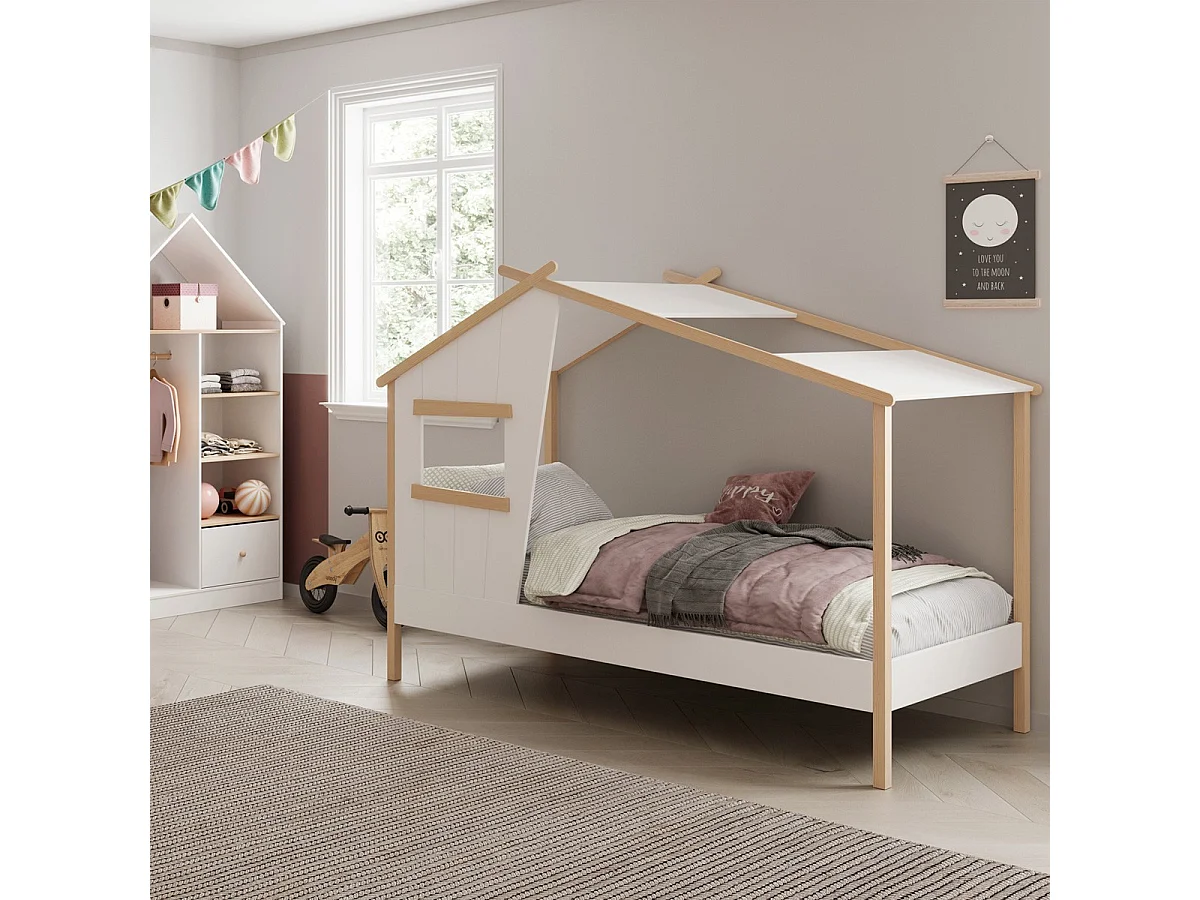 Lit cabane enfant 90x190 cm en bois blanc - Artus