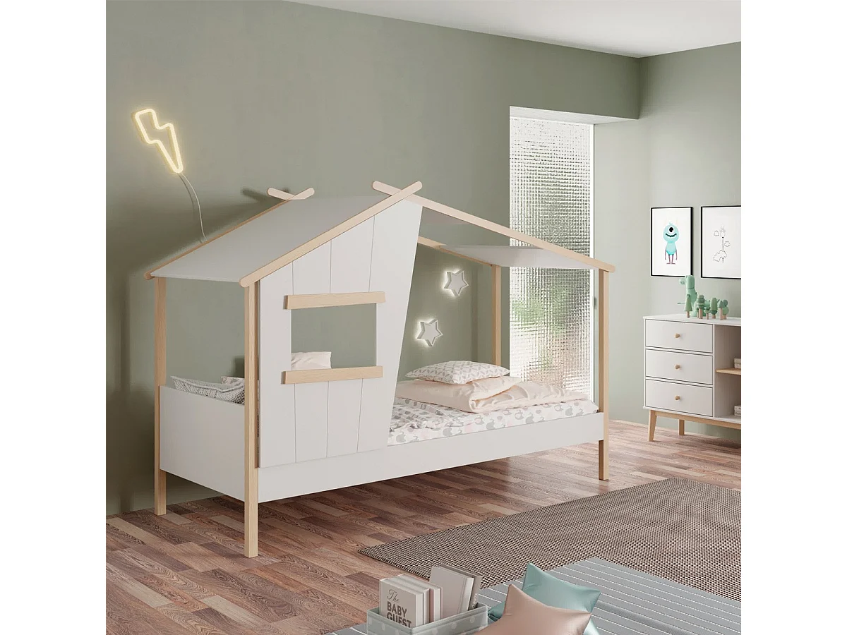 Lit cabane enfant 90x190 cm en bois blanc - Artus