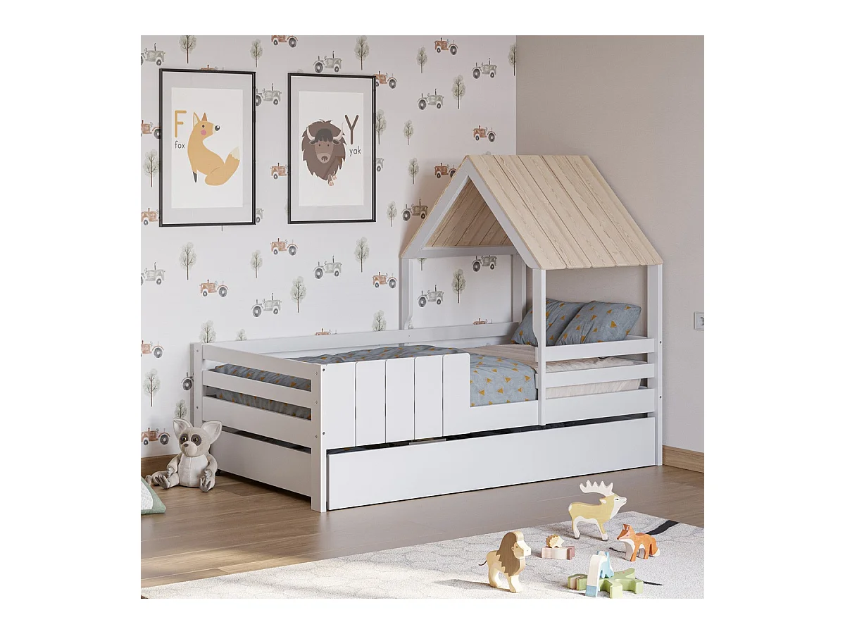 Lit cabane enfant 90x190 cm en bois blanc - Eloan