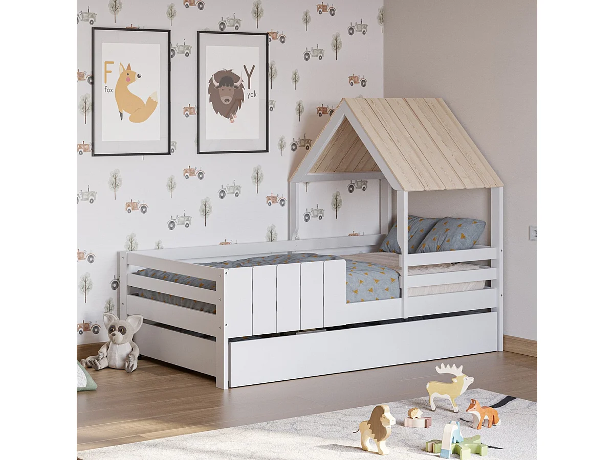 Lit cabane enfant 90x190 cm en bois blanc - Eloan