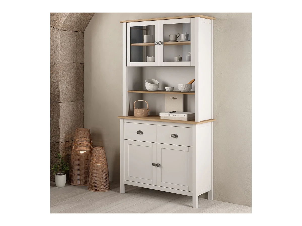 Vaisselier 4 portes 2 tiroirs en bois massif blanc 90 cm - Macha