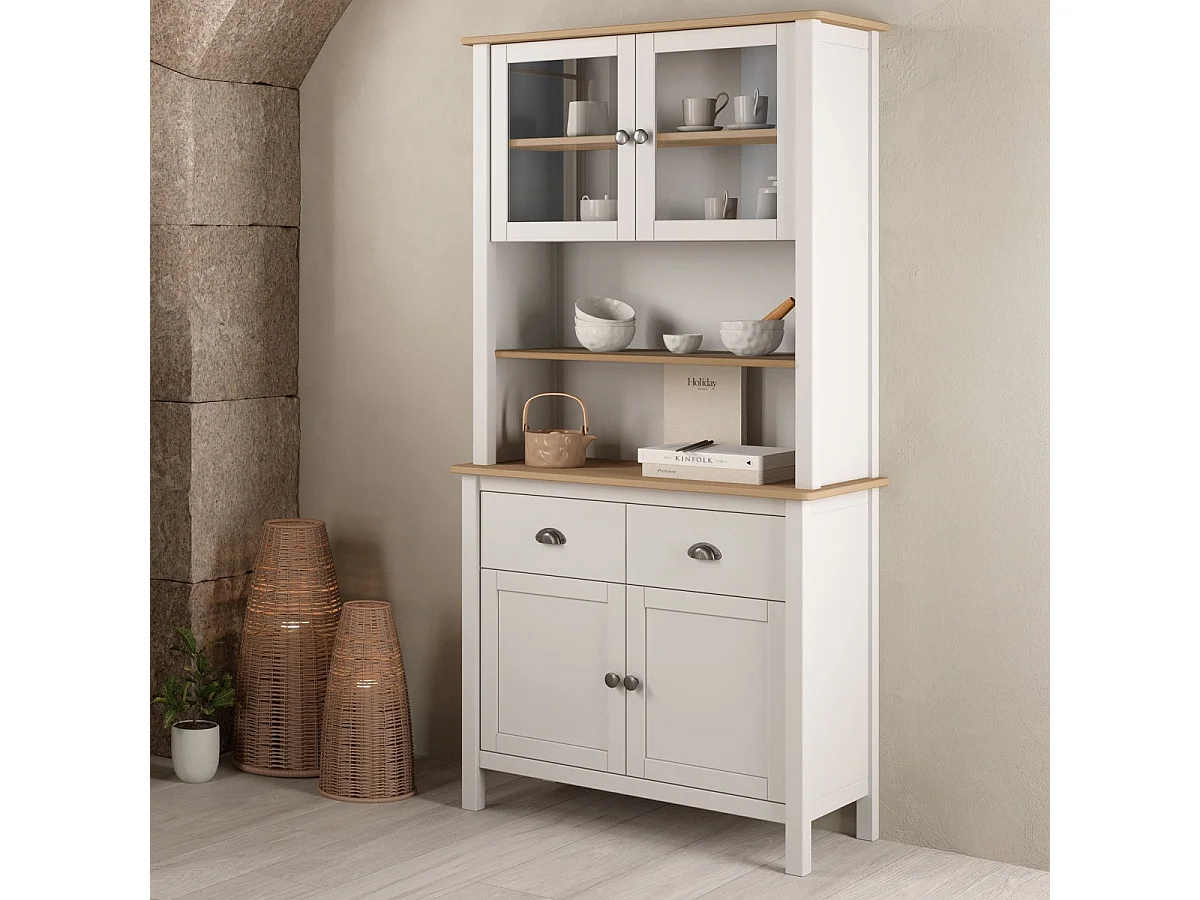 Vaisselier 4 portes 2 tiroirs en bois massif blanc 90 cm - Macha