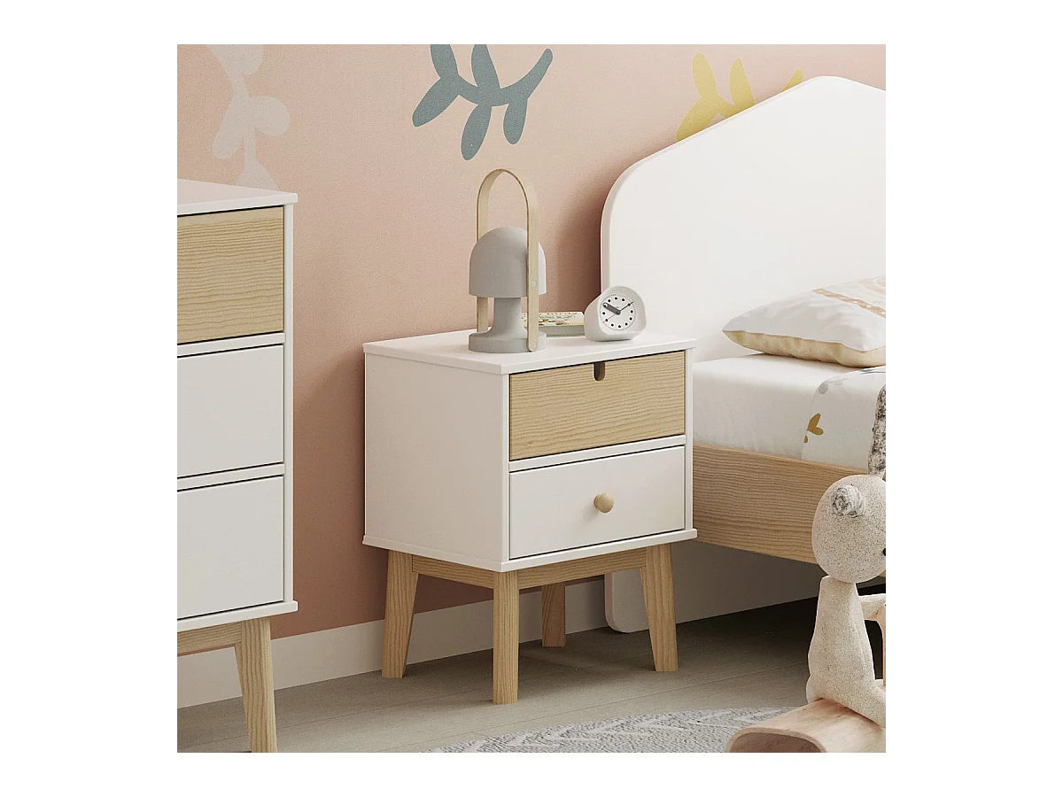 Table de chevet enfant 2 tiroirs en bois blanc - Lucy