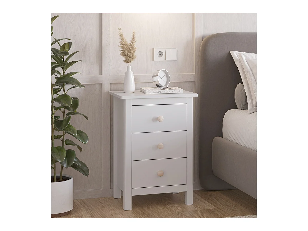 Table de chevet enfant 3 tiroirs en bois massif blanc - Melvin