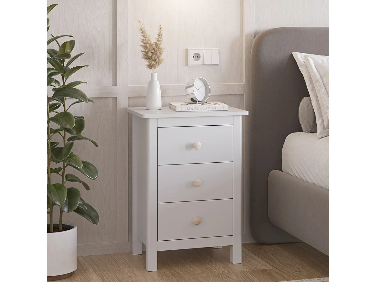 Table de chevet enfant 3 tiroirs en bois massif blanc - Melvin