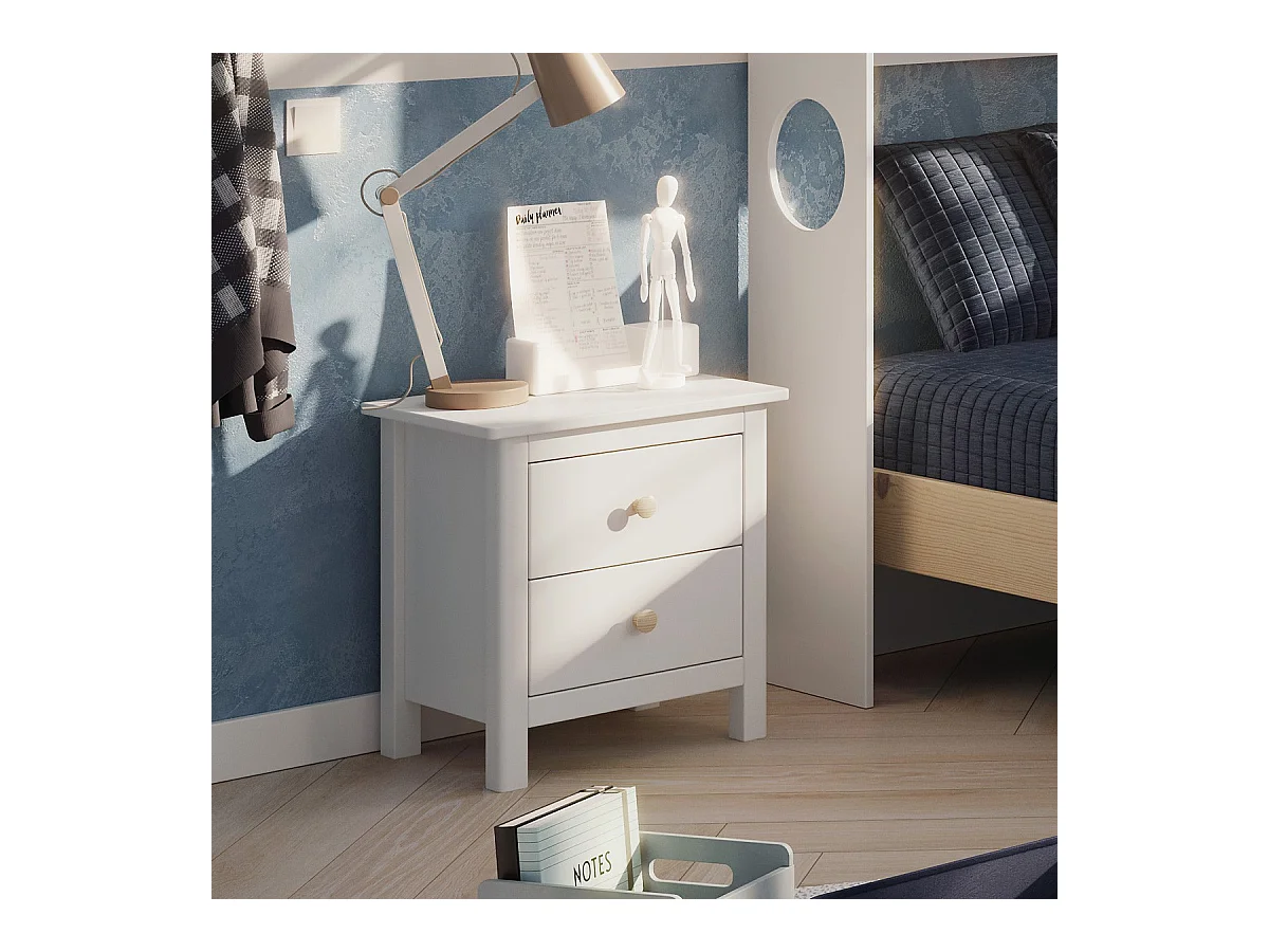 Table de chevet enfant 2 tiroirs en bois massif blanc - Melvin