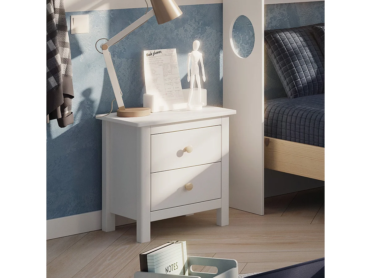 Table de chevet enfant 2 tiroirs en bois massif blanc - Melvin