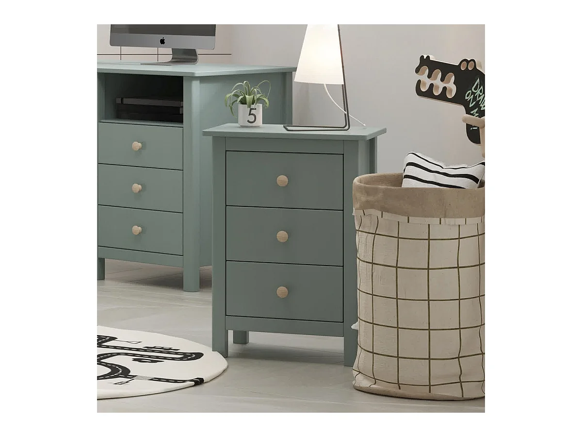 Table de chevet enfant 3 tiroirs en bois massif vert pétrole - Melvin
