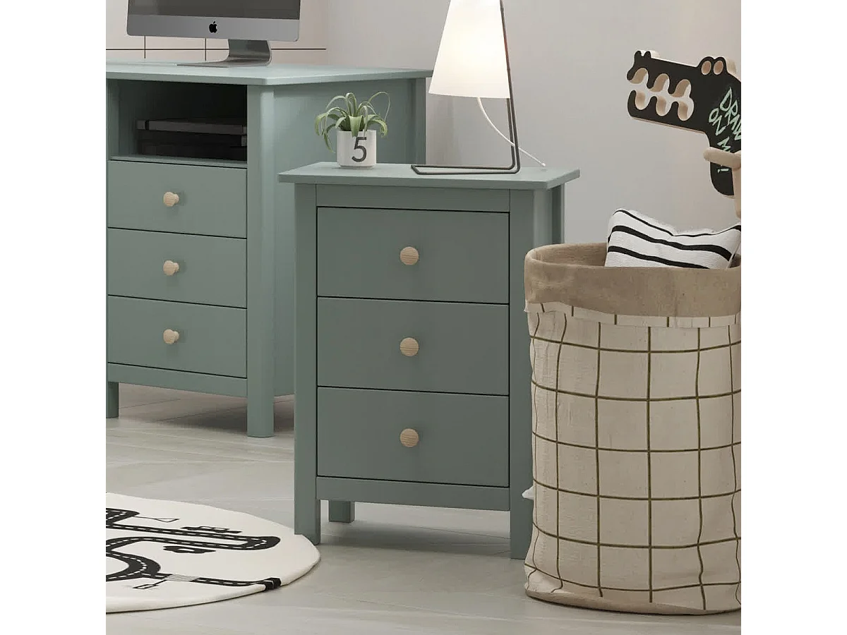 Table de chevet enfant 3 tiroirs en bois massif vert pétrole - Melvin