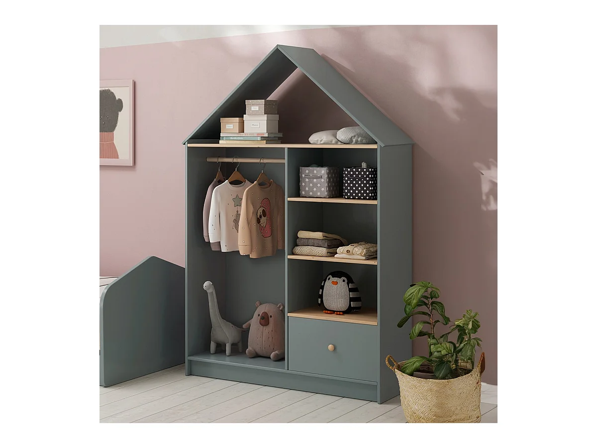 Penderie cabane enfant 1 tiroir en bois vert kaki 110 cm - Lucy