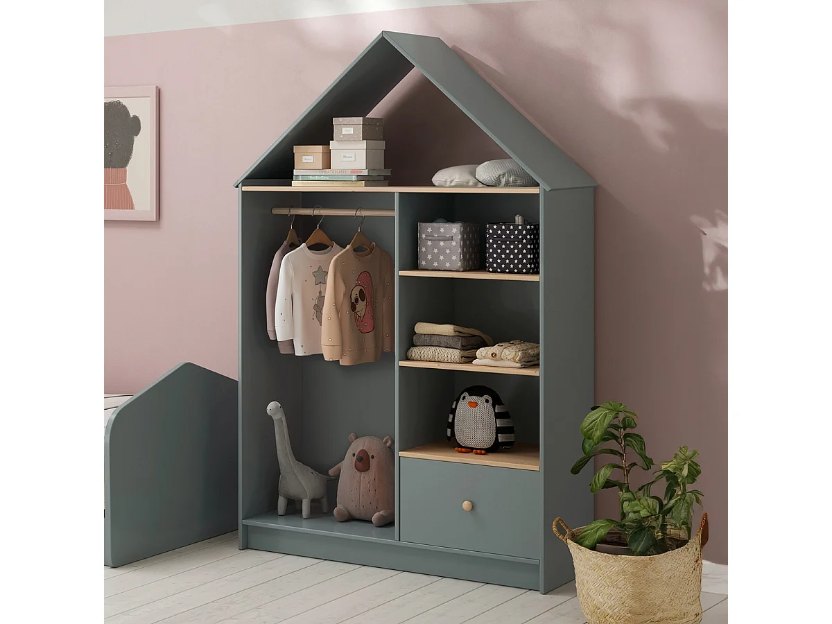 Penderie cabane enfant 1 tiroir en bois vert kaki 110 cm - Lucy