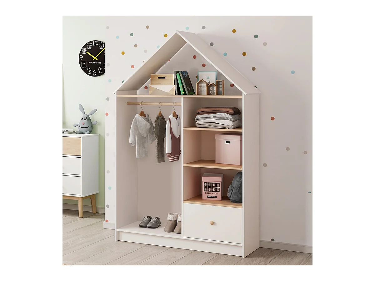 Penderie cabane enfant 1 tiroir en bois blanc 110 cm - Lucy