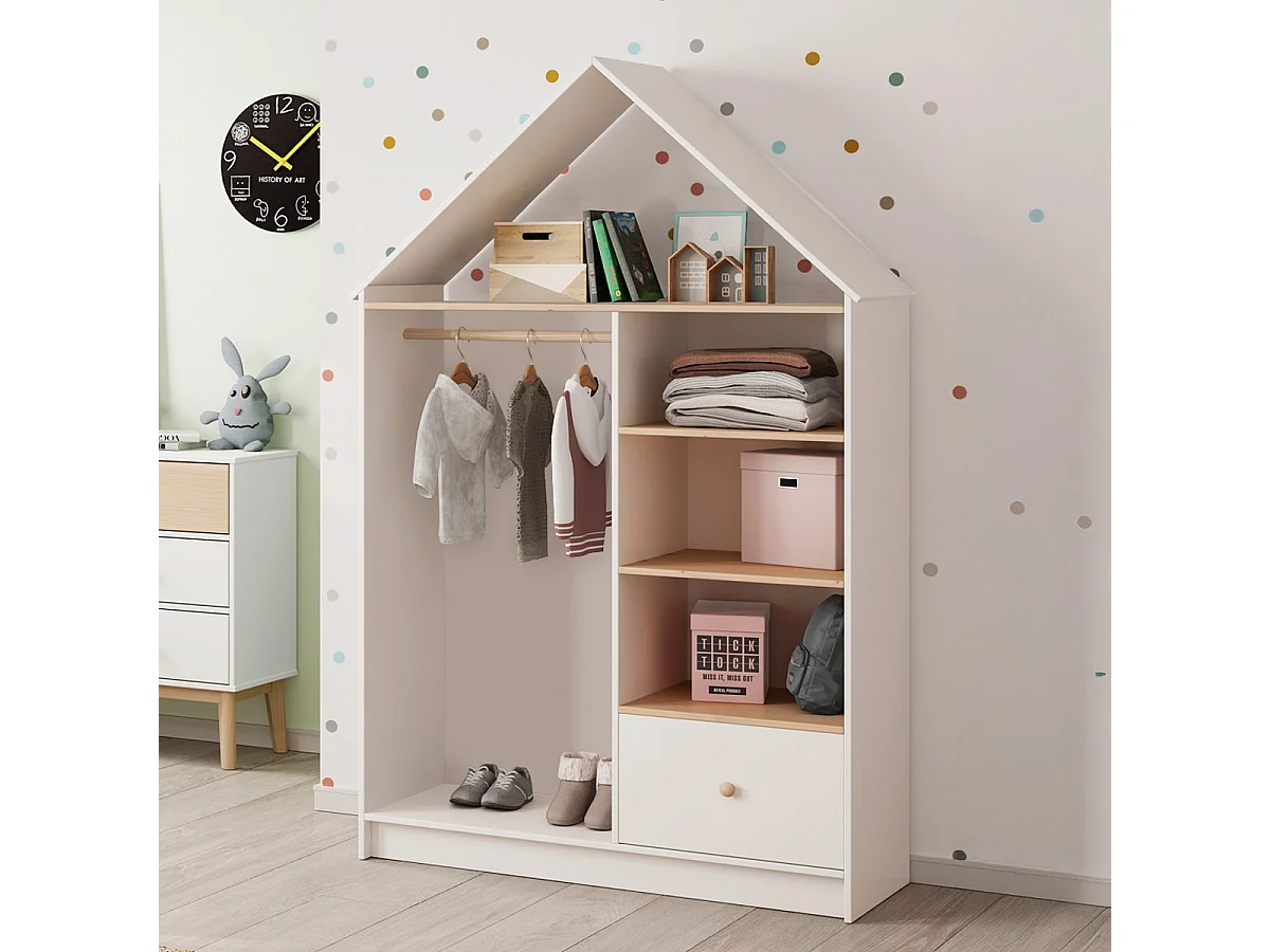 Penderie cabane enfant 1 tiroir en bois blanc 110 cm - Lucy