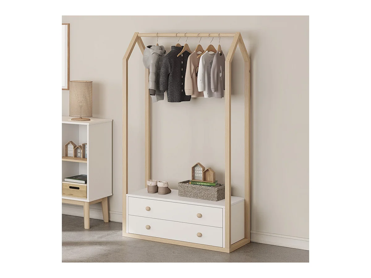 Penderie cabane enfant 2 tiroirs en bois blanc 80 cm - Elise