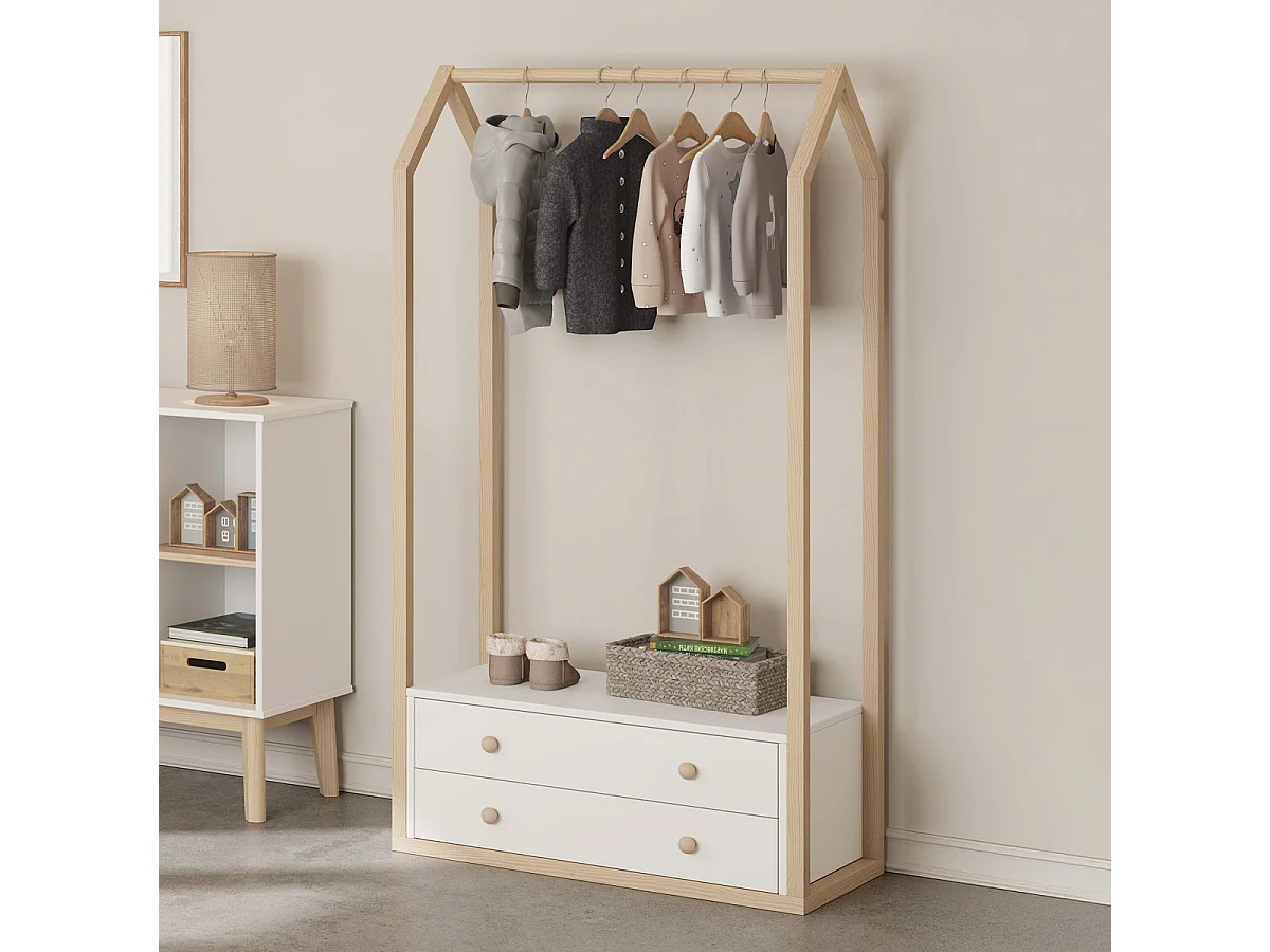 Penderie cabane enfant 2 tiroirs en bois blanc 80 cm - Elise