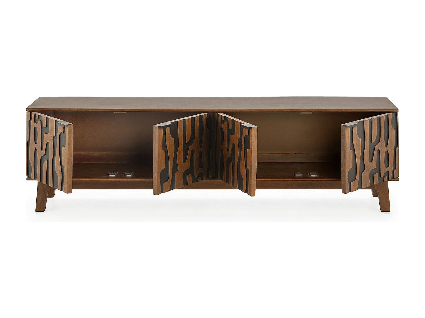 Meuble TV 4 portes en bois de manguier sculpté 180 cm - Vesper