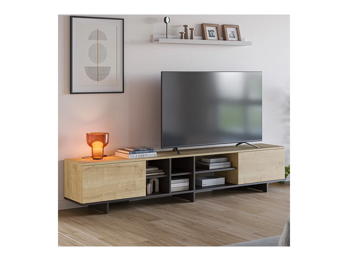 Meuble TV 2 portes décor chêne et noir 230 cm - Alicia