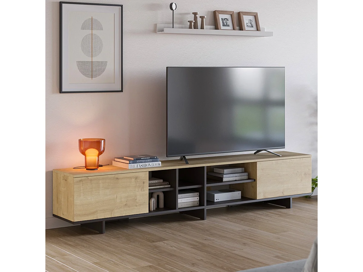 Meuble TV 2 portes décor chêne et noir 230 cm - Alicia