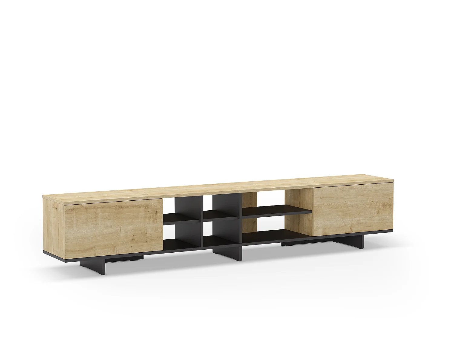 Marckeric Cequoia TV-Ständer - 230x35.6x44cm - Schwarzer skandinavischer Stil mit 2 Türen und 6 Regalen