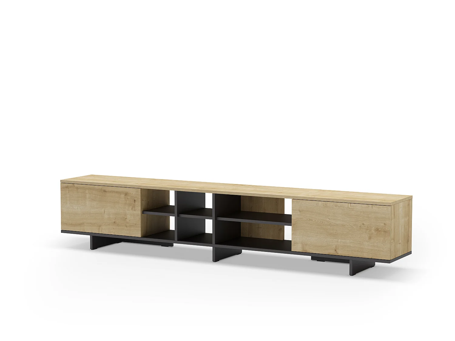 Marckeric Cequoia TV-Ständer - 230x35.6x44cm - Schwarzer skandinavischer Stil mit 2 Türen und 6 Regalen
