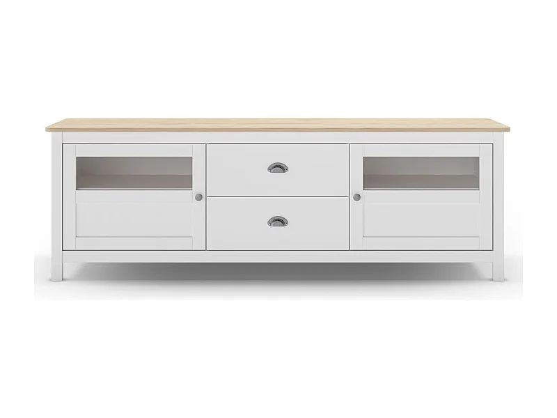 Meuble TV 2 portes 2 tiroirs en bois massif blanc 180 cm - Macha
