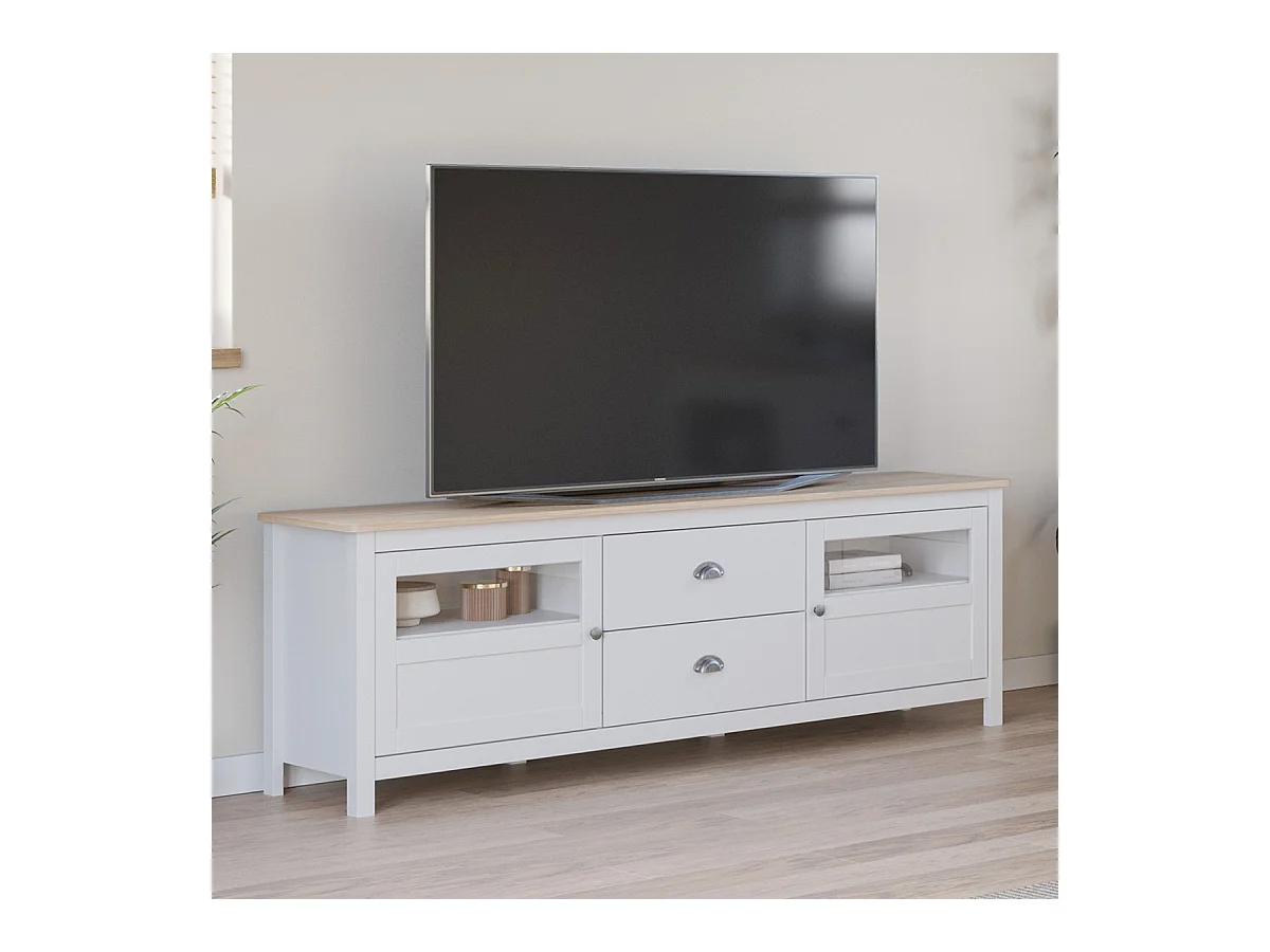 Meuble TV 2 portes 2 tiroirs en bois massif blanc 180 cm - Macha