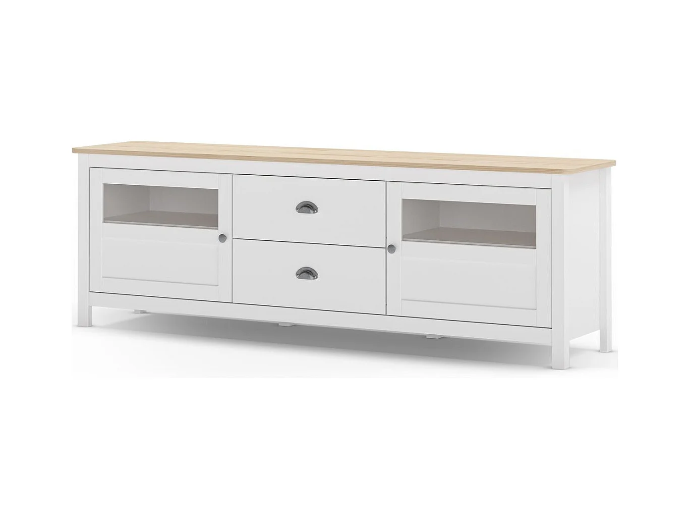 Meuble TV 2 portes 2 tiroirs en bois massif blanc 180 cm - Macha