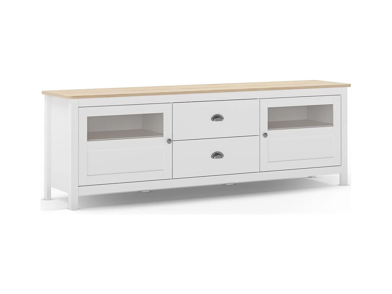 Meuble TV 2 portes 2 tiroirs en bois massif blanc 180 cm - Macha