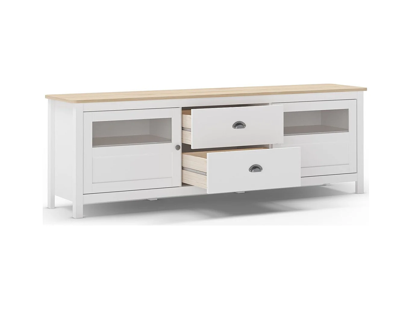 Meuble TV 2 portes 2 tiroirs en bois massif blanc 180 cm - Macha