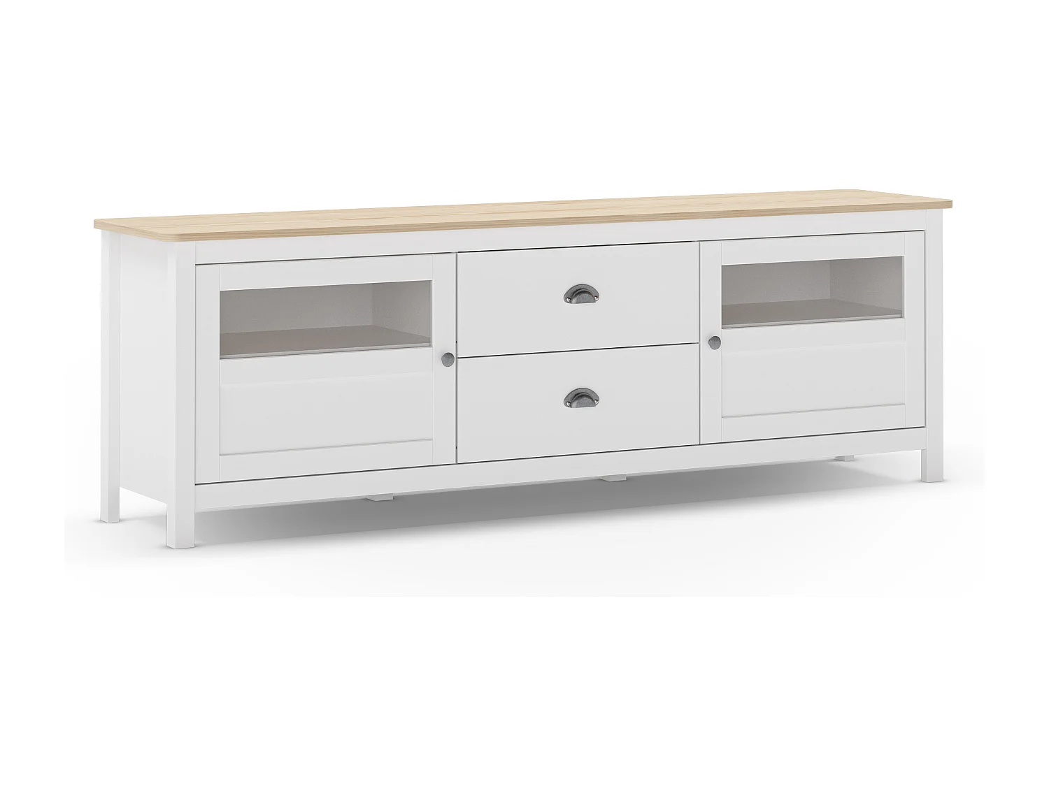 Meuble TV 2 portes 2 tiroirs en bois massif blanc 180 cm - Macha