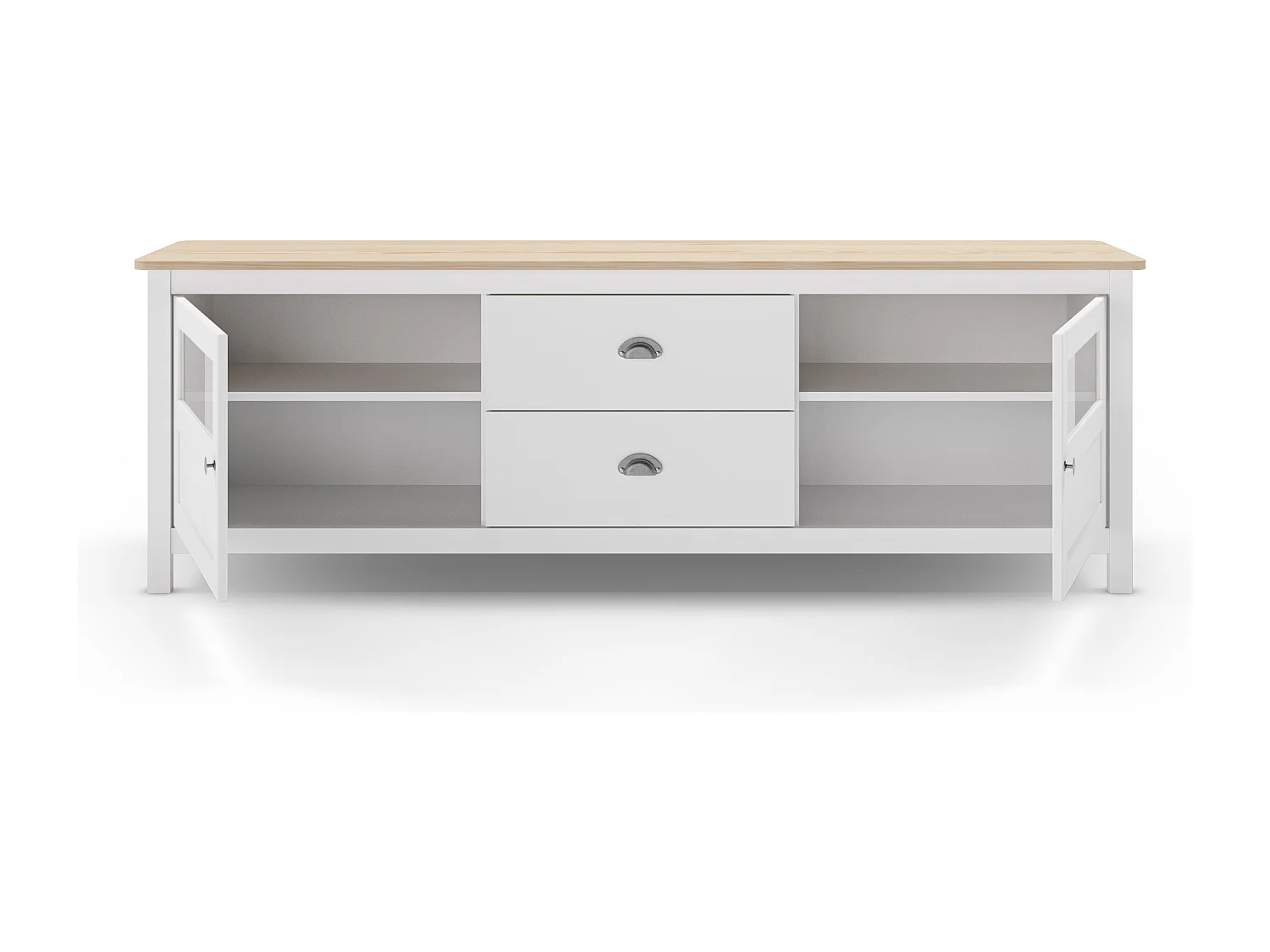 Meuble TV 2 portes 2 tiroirs en bois massif blanc 180 cm - Macha