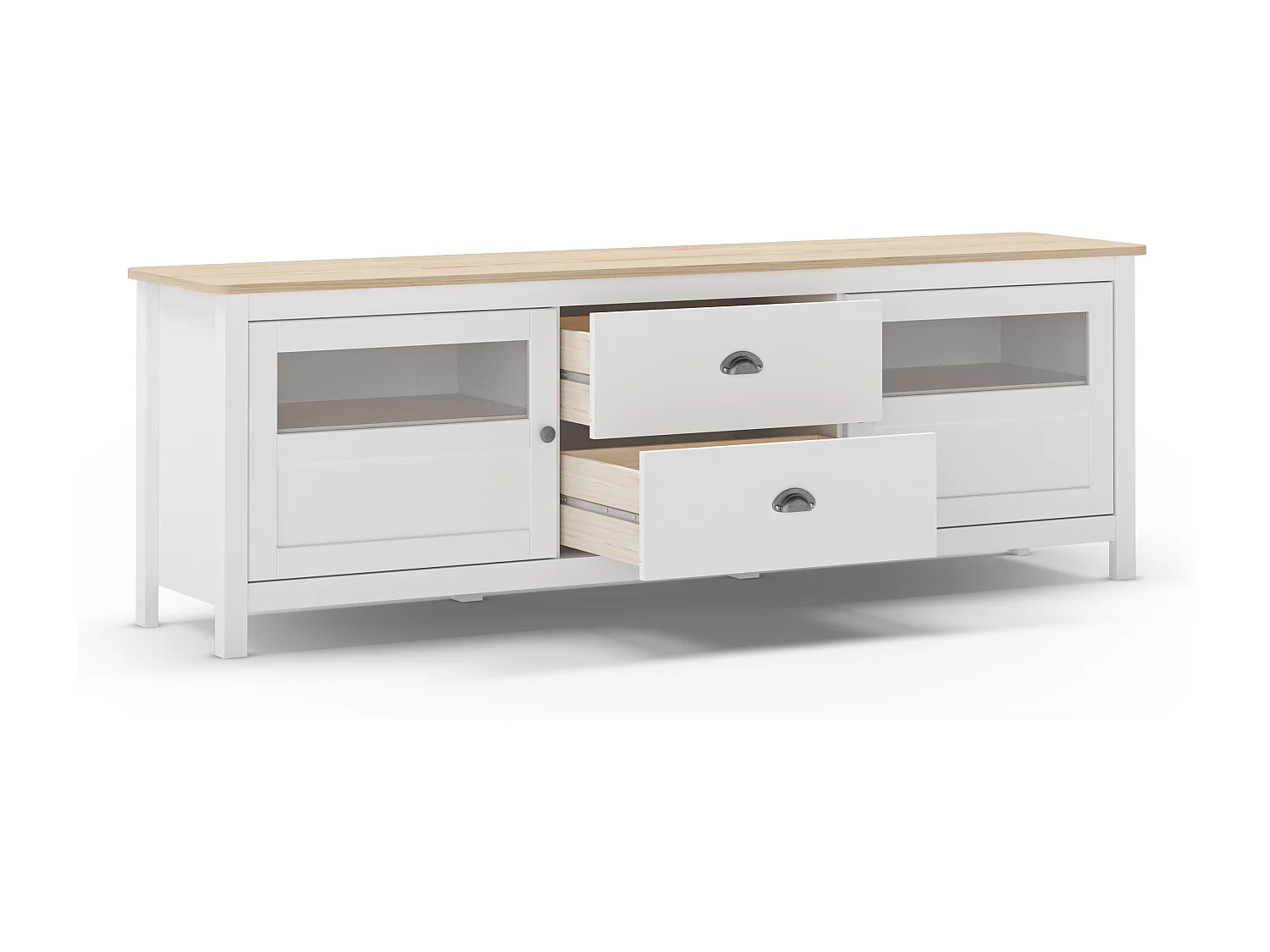 Meuble TV 2 portes 2 tiroirs en bois massif blanc 180 cm - Macha