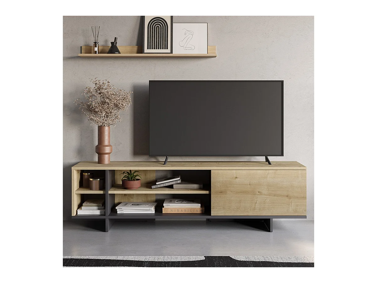 Meuble TV 1 porte décor chêne et noir 160 cm - Alicia