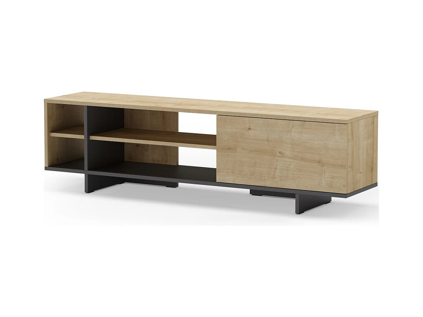 Meuble TV 1 porte décor chêne et noir 160 cm - Alicia