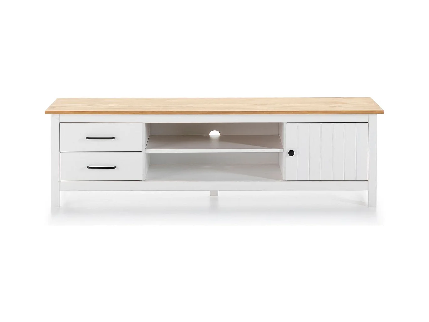 Meuble TV 1 porte 2 tiroirs en bois massif blanc 158 cm - Ida