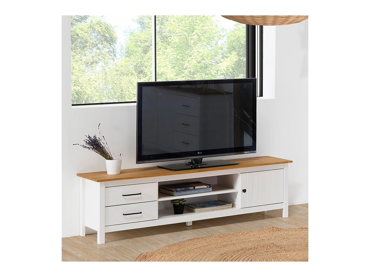 Meuble TV 1 porte 2 tiroirs en bois massif blanc 158 cm - Ida