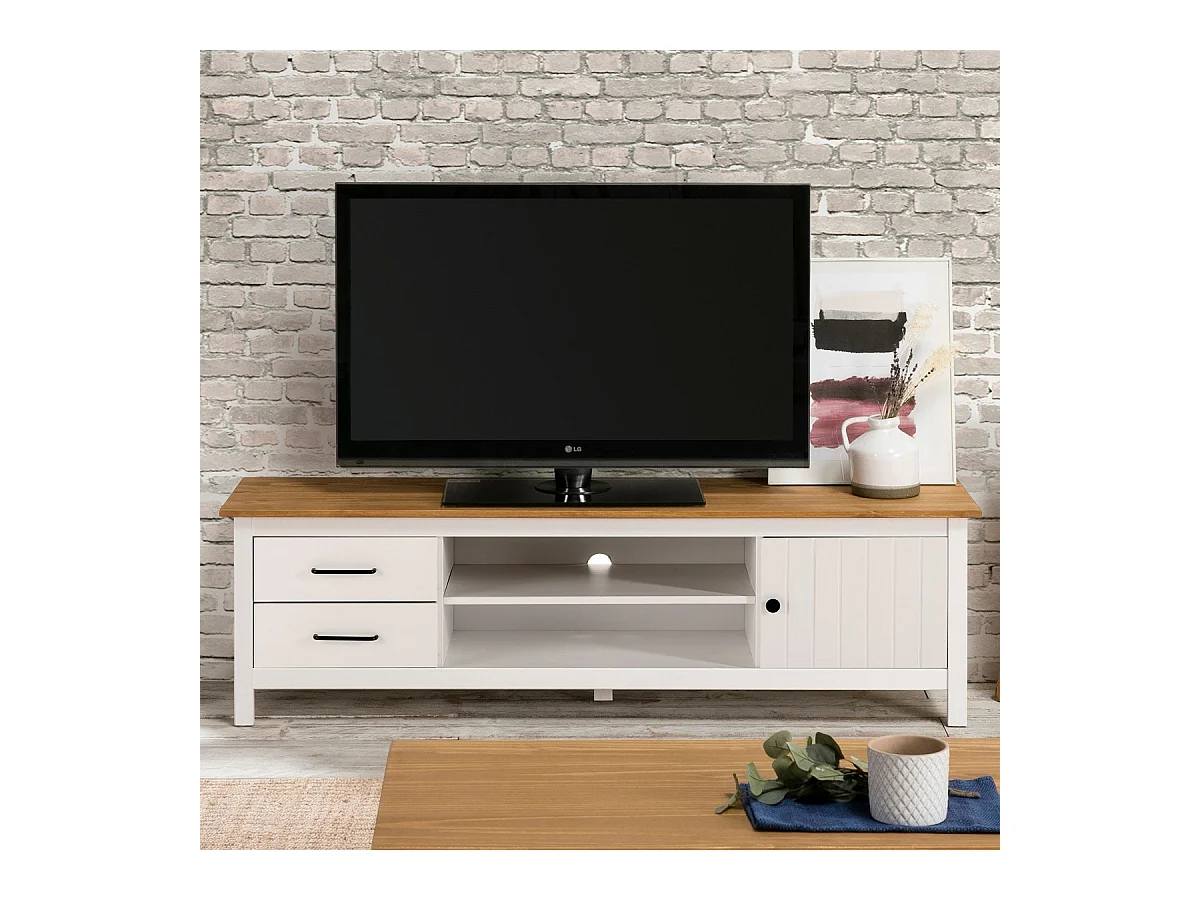Meuble TV 1 porte 2 tiroirs en bois massif blanc 158 cm - Ida