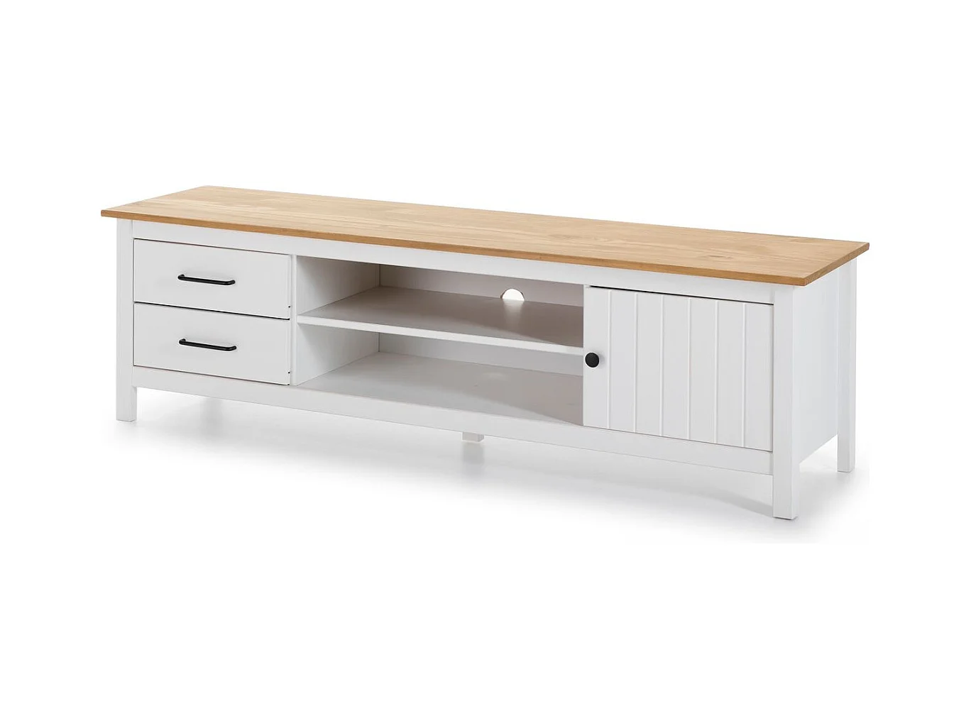 Meuble TV 1 porte 2 tiroirs en bois massif blanc 158 cm - Ida