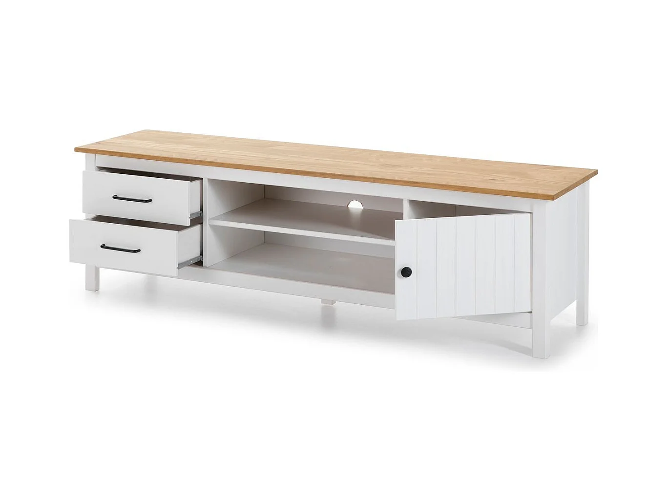 Meuble TV 1 porte 2 tiroirs en bois massif blanc 158 cm - Ida