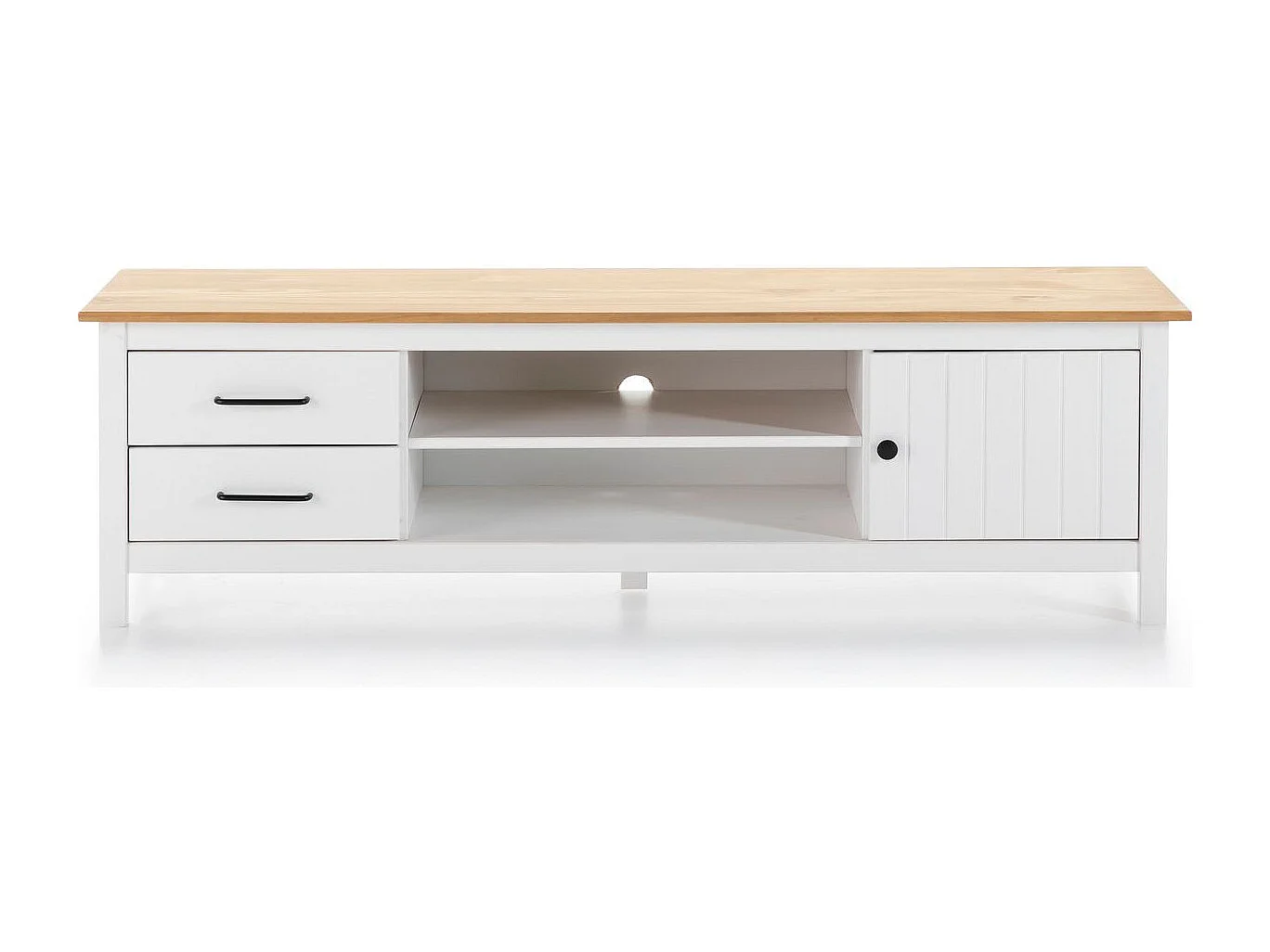 Meuble TV 1 porte 2 tiroirs en bois massif blanc 158 cm - Ida
