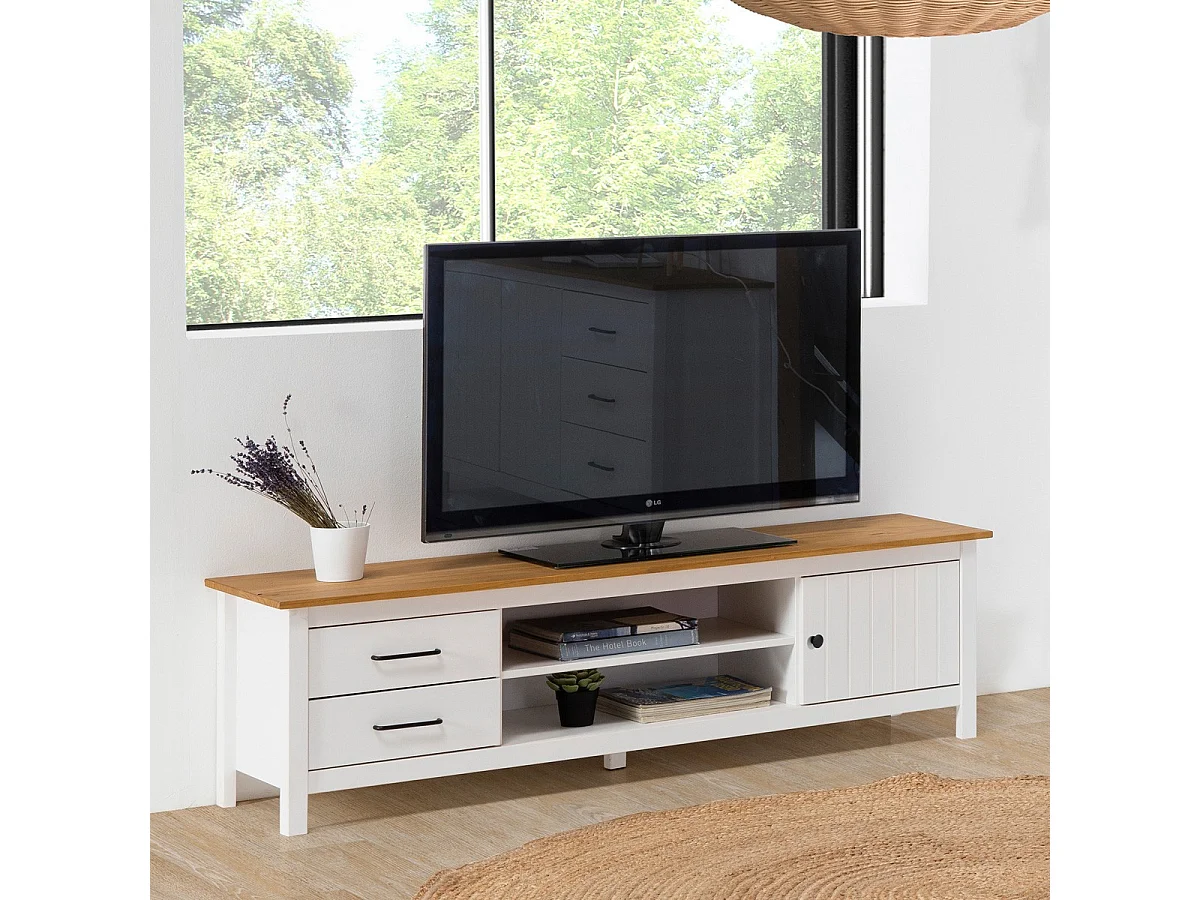 Meuble TV 1 porte 2 tiroirs en bois massif blanc 158 cm - Ida