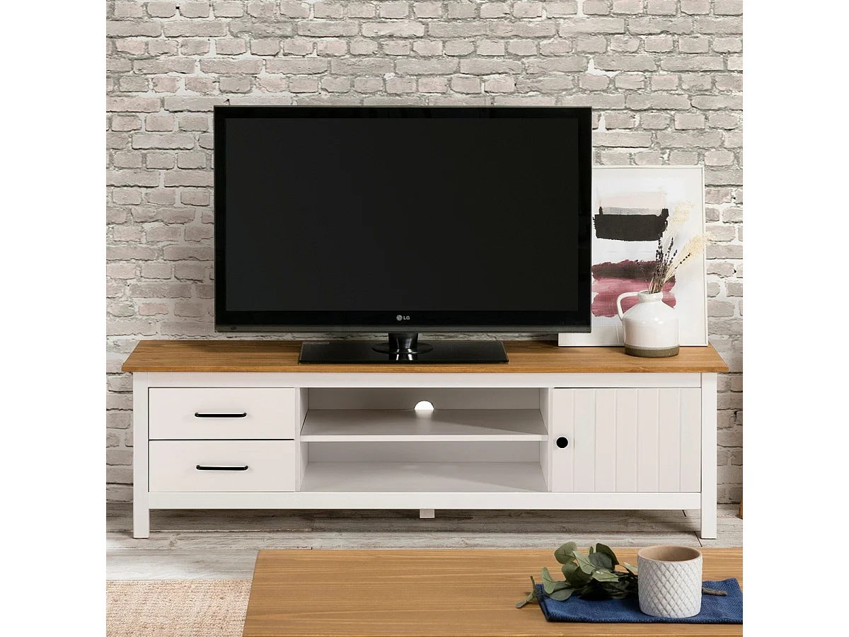 Meuble TV 1 porte 2 tiroirs en bois massif blanc 158 cm - Ida