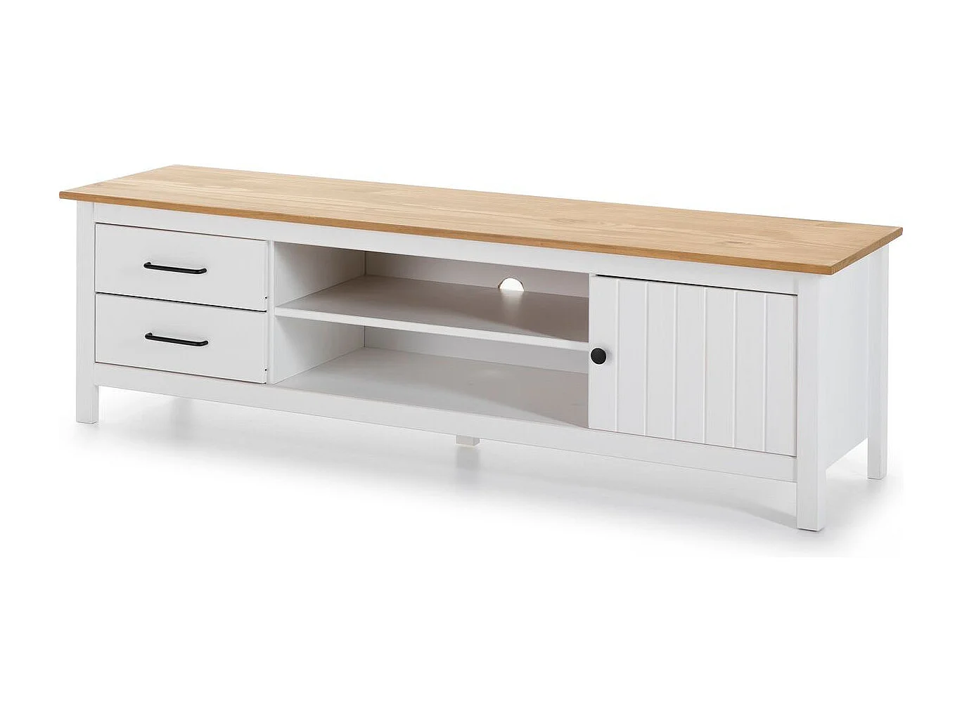 Meuble TV 1 porte 2 tiroirs en bois massif blanc 158 cm - Ida