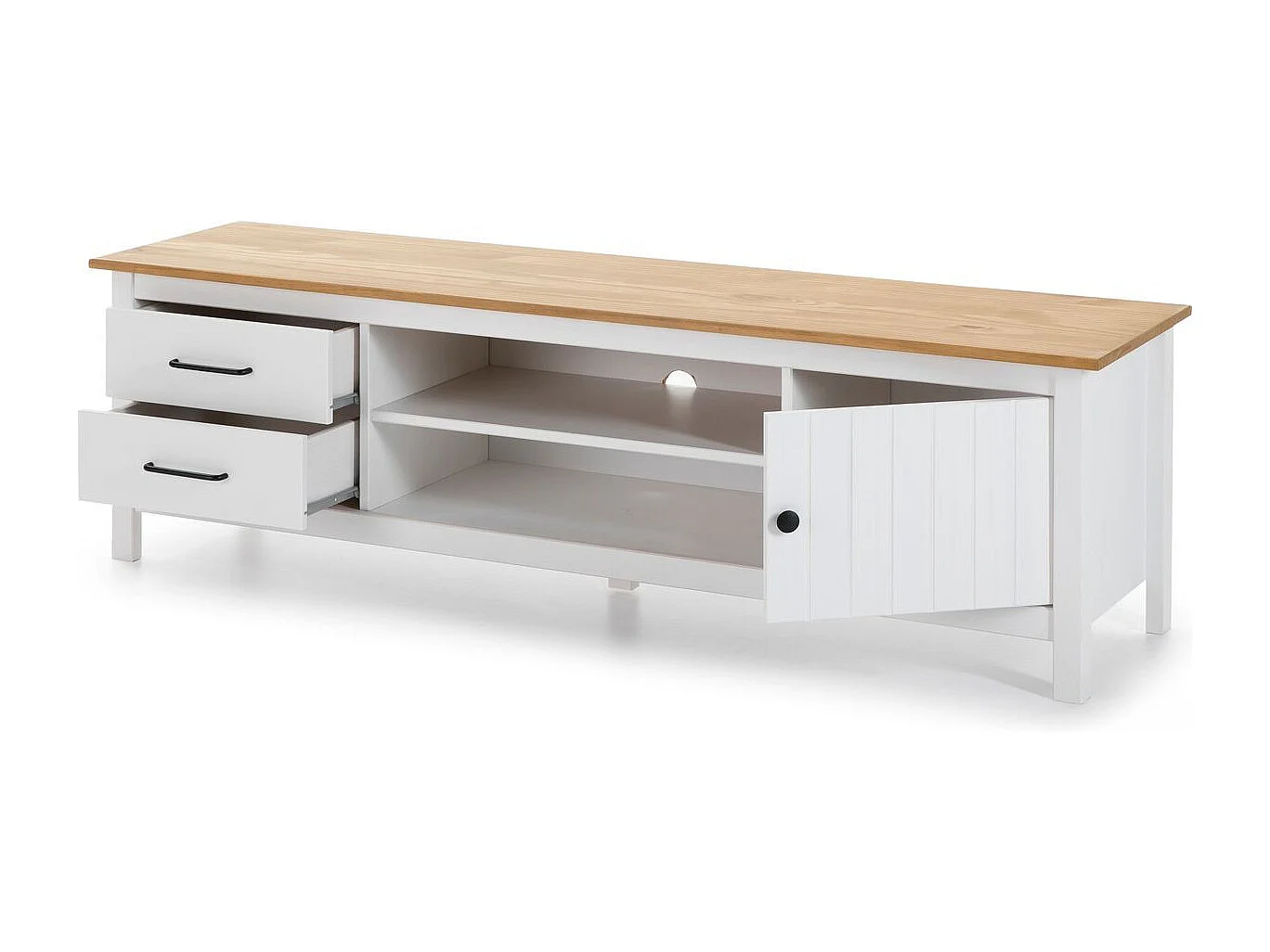 Meuble TV 1 porte 2 tiroirs en bois massif blanc 158 cm - Ida